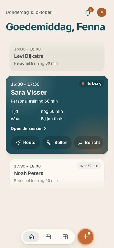 Het scherm Vandaag van Fit met Fenna op een telefoon, met de sessie van nu in het midden.