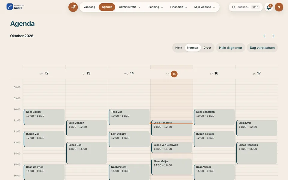 De weekagenda van Rijschool Koers.