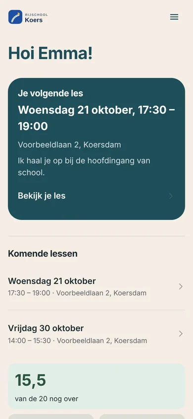 De eigen app van een leerling bij Rijschool Koers.