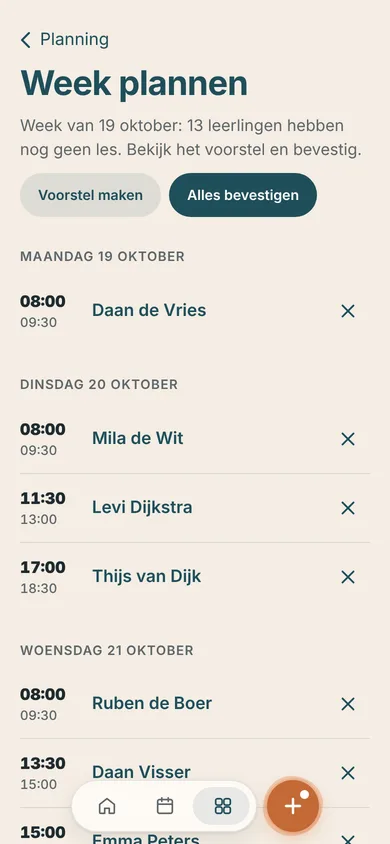 Week plannen bij Rijschool Koers: een voorstel voor de lessen van volgende week.