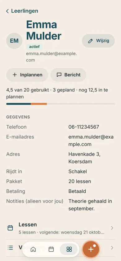 De pagina van een leerling bij Rijschool Koers, met het tegoed: 4,5 van 20 gebruikt, 3 gepland, nog 12,5 in te plannen.
