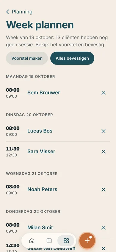 Week plannen bij Fit met Fenna: een voorstel voor de sessies van volgende week.